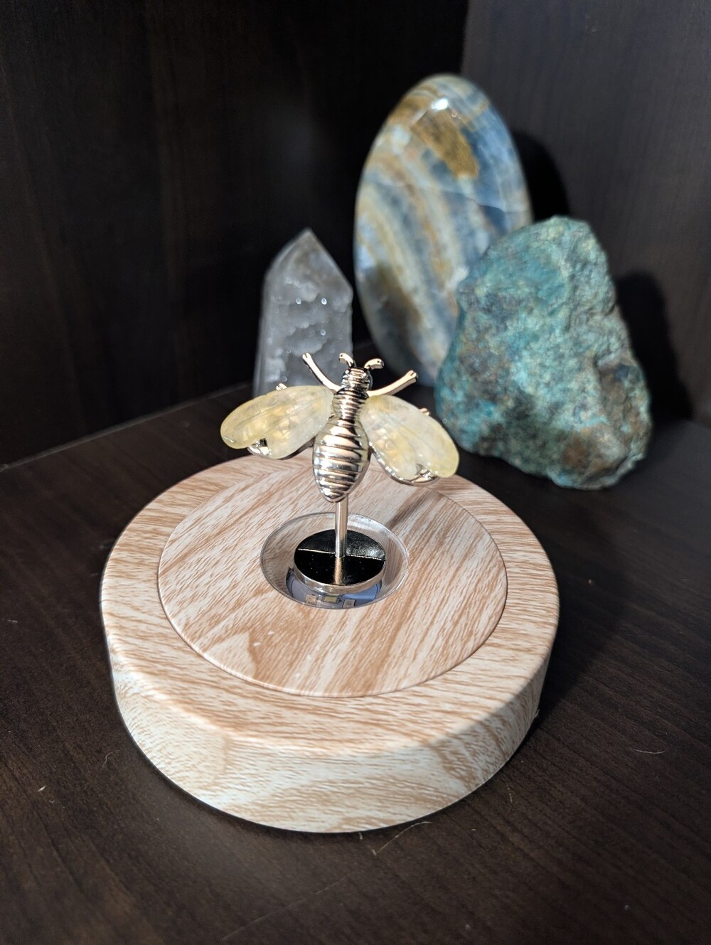 Golden Healer Crystal Bee Carving on Silver Stand